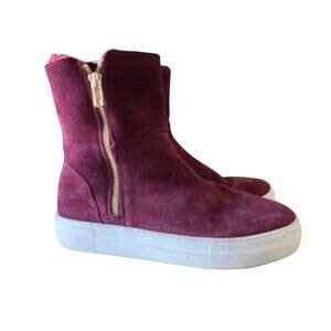 JSLIDES Women's Zip Up Maroon Red Suede Bootie Sz 9 Leather Faux Fur White Sole